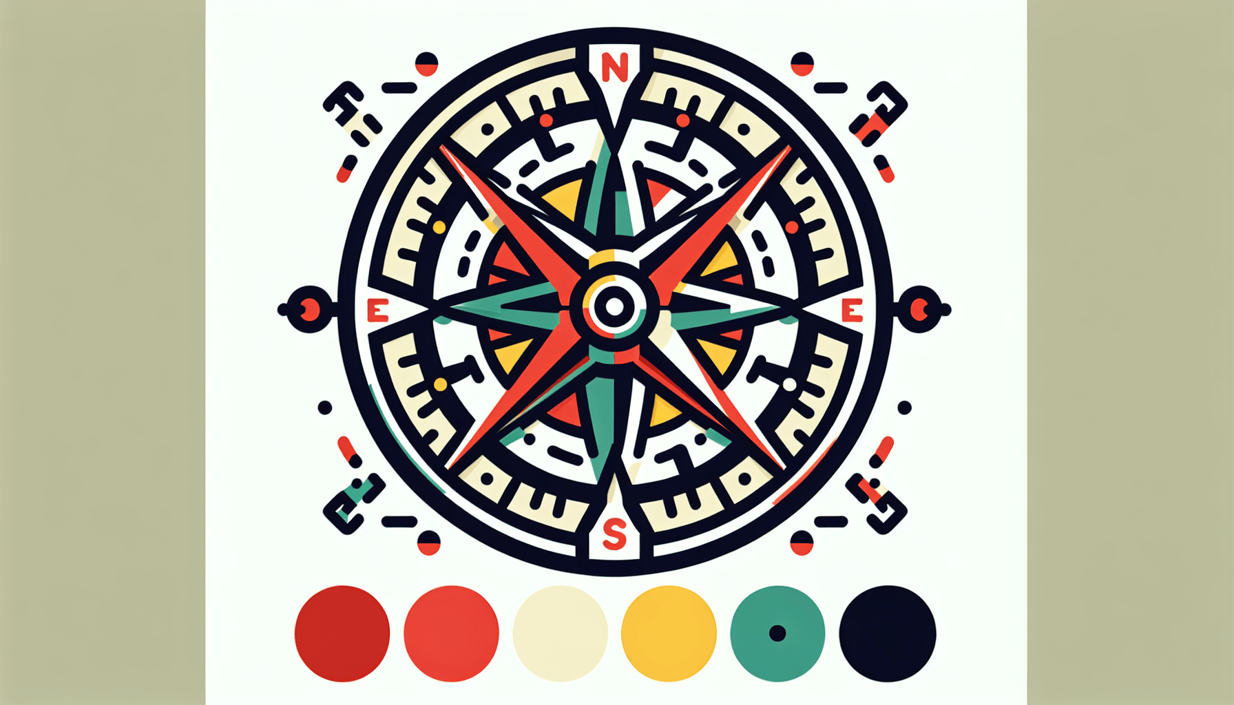 Compass in flat illustration style and white background, red #f47574, green #88c7a8, yellow #fcc44b, and blue #645bc8 colors.