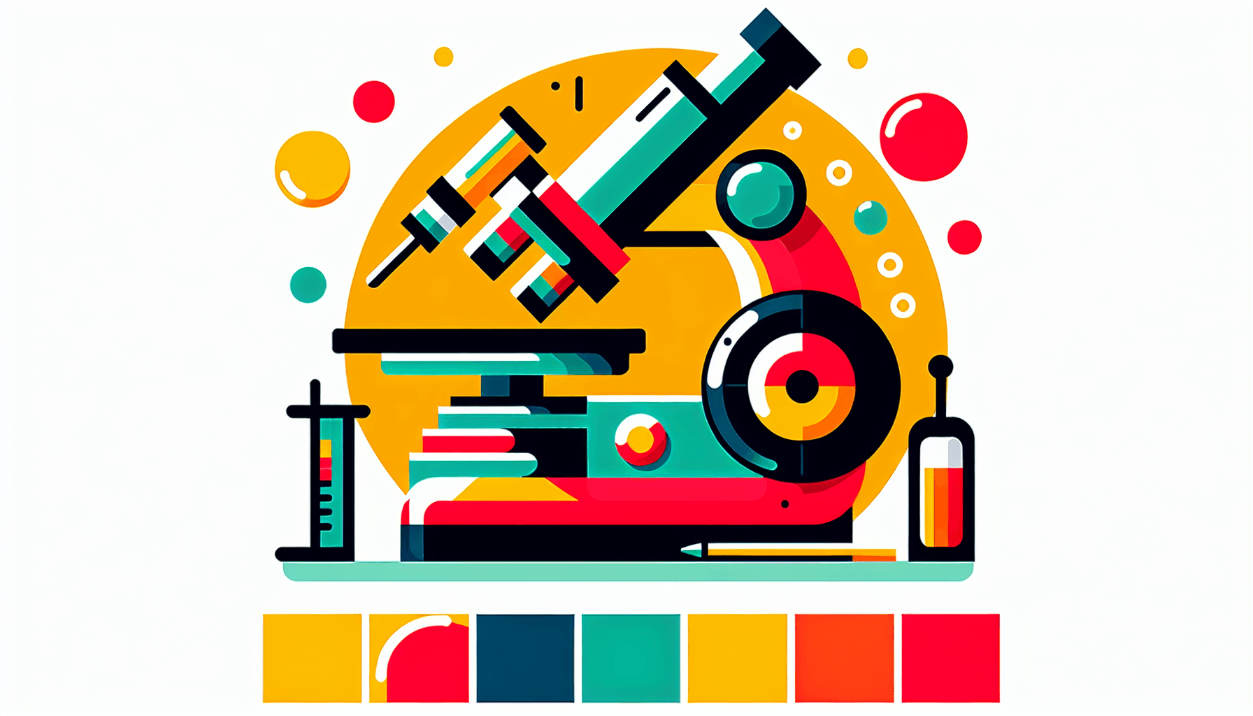 Microscope in flat illustration style and white background, red #f47574, green #88c7a8, yellow #fcc44b, and blue #645bc8 colors.