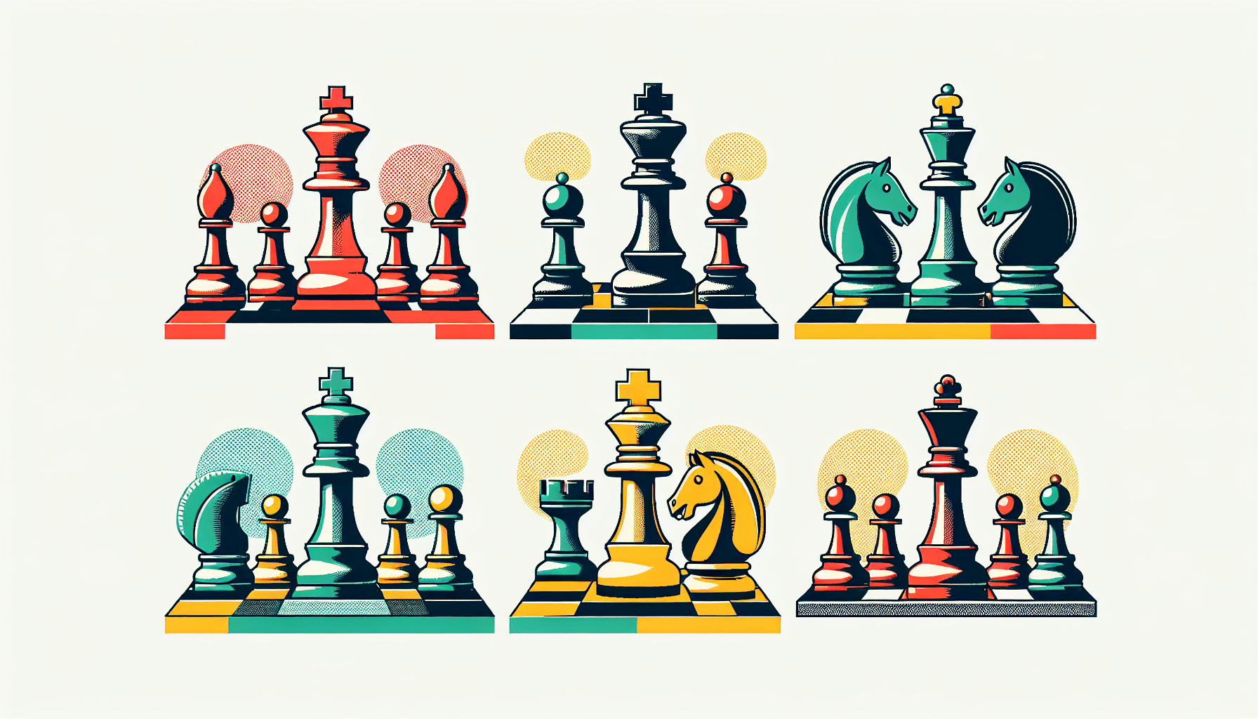 Chess set in flat illustration style and white background, red #f47574, green #88c7a8, yellow #fcc44b, and blue #645bc8 colors.