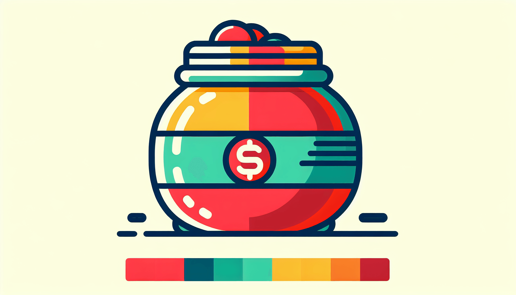 Savings jar in flat illustration style and white background, red #f47574, green #88c7a8, yellow #fcc44b, and blue #645bc8 colors.