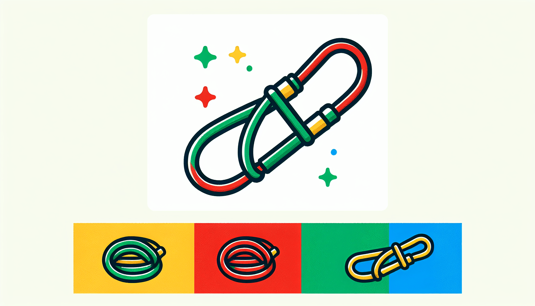 Bungee cord in flat illustration style and white background, red #f47574, green #88c7a8, yellow #fcc44b, and blue #645bc8 colors.
