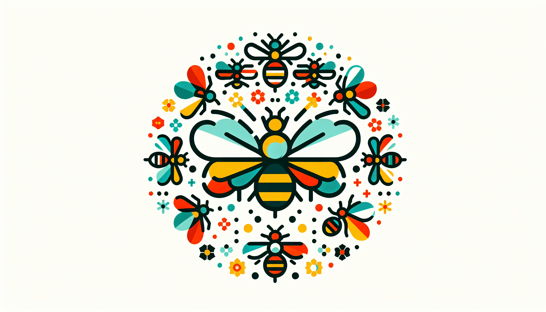 Bees in flat illustration style and white background, red #f47574, green #88c7a8, yellow #fcc44b, and blue #645bc8 colors.