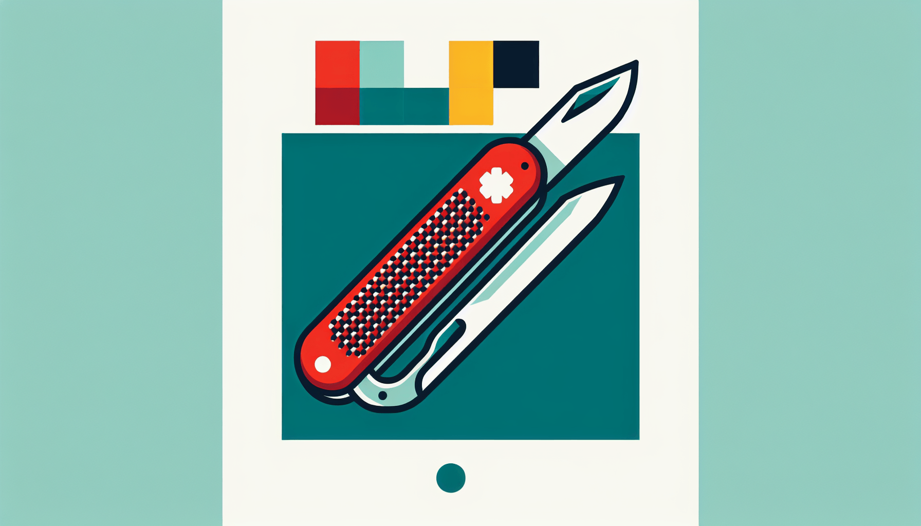 Swiss knife in flat illustration style and white background, red #f47574, green #88c7a8, yellow #fcc44b, and blue #645bc8 colors.