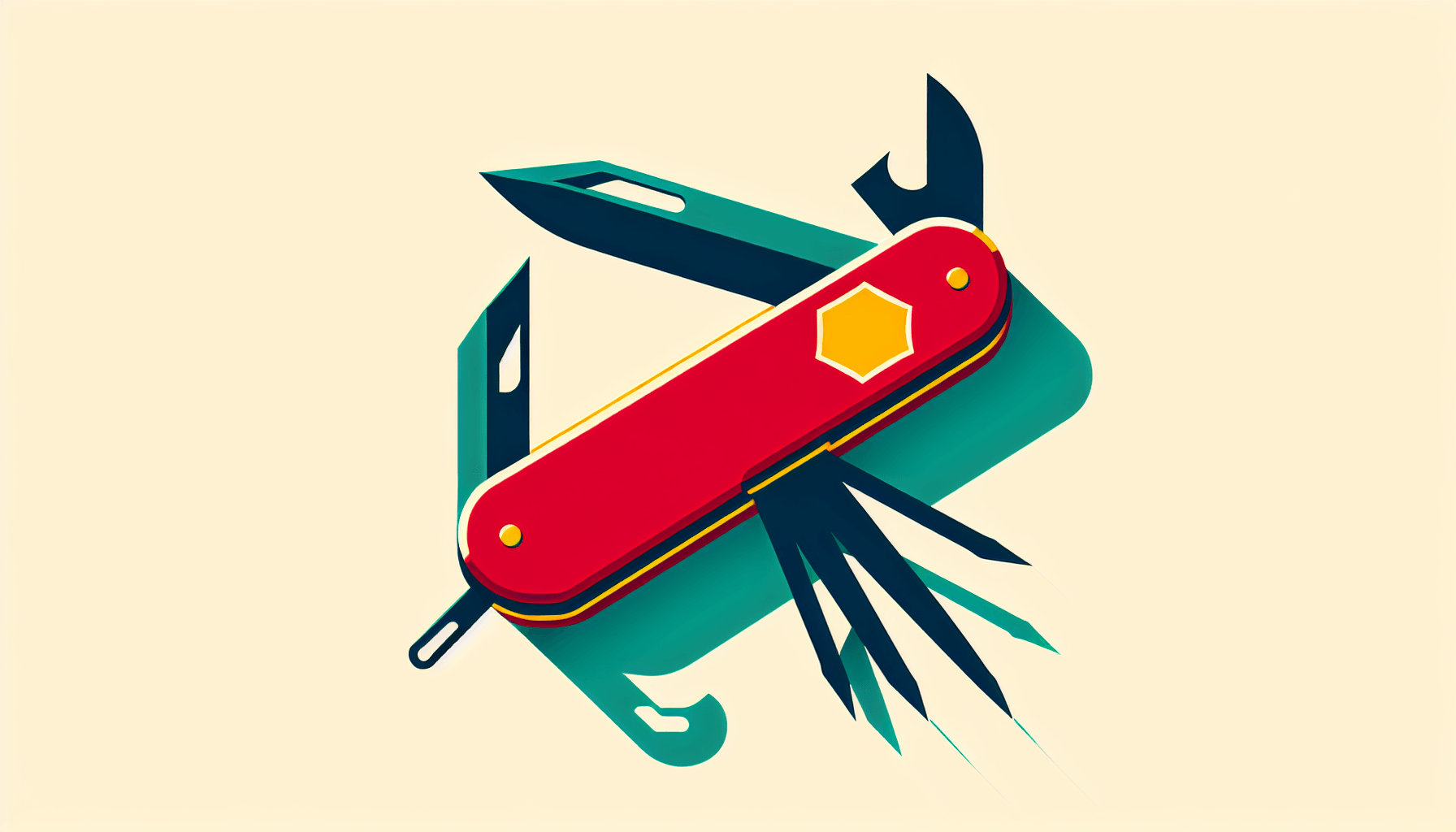 Swiss Army Knife in flat illustration style and white background, red #f47574, green #88c7a8, yellow #fcc44b, and blue #645bc8 colors.