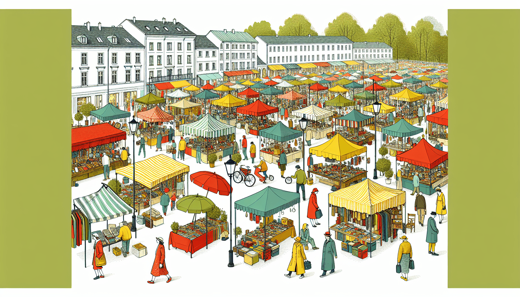 Flea market in flat illustration style and white background, red #f47574, green #88c7a8, yellow #fcc44b, and blue #645bc8 colors.