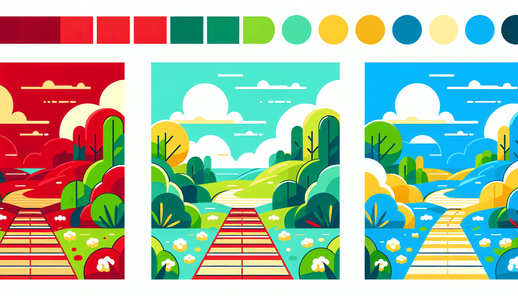 Pathway in flat illustration style and white background, red #f47574, green #88c7a8, yellow #fcc44b, and blue #645bc8 colors.