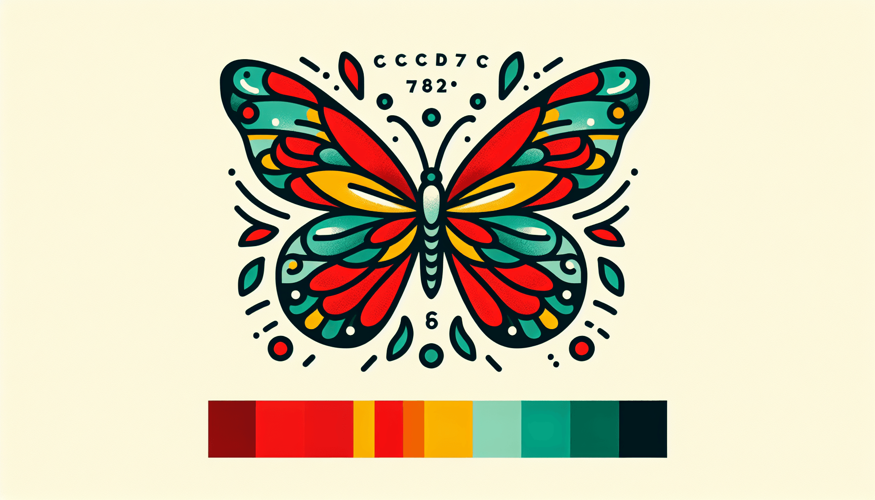 Butterfly in flat illustration style and white background, red #f47574, green #88c7a8, yellow #fcc44b, and blue #645bc8 colors.