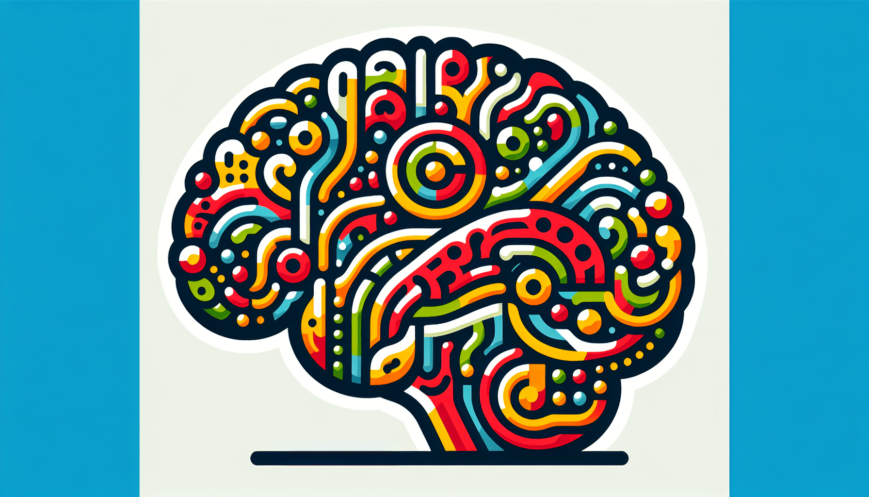 Brain in flat illustration style and white background, red #f47574, green #88c7a8, yellow #fcc44b, and blue #645bc8 colors.