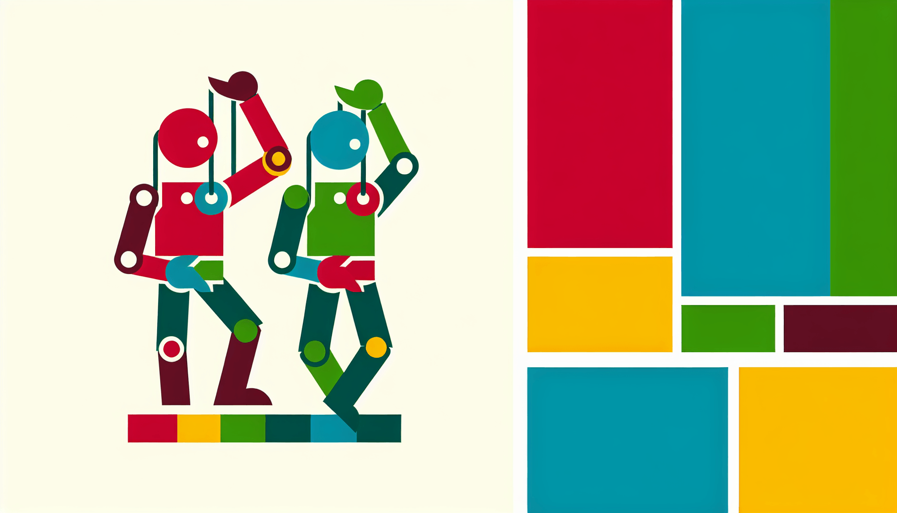 Puppet in flat illustration style and white background, red #f47574, green #88c7a8, yellow #fcc44b, and blue #645bc8 colors.