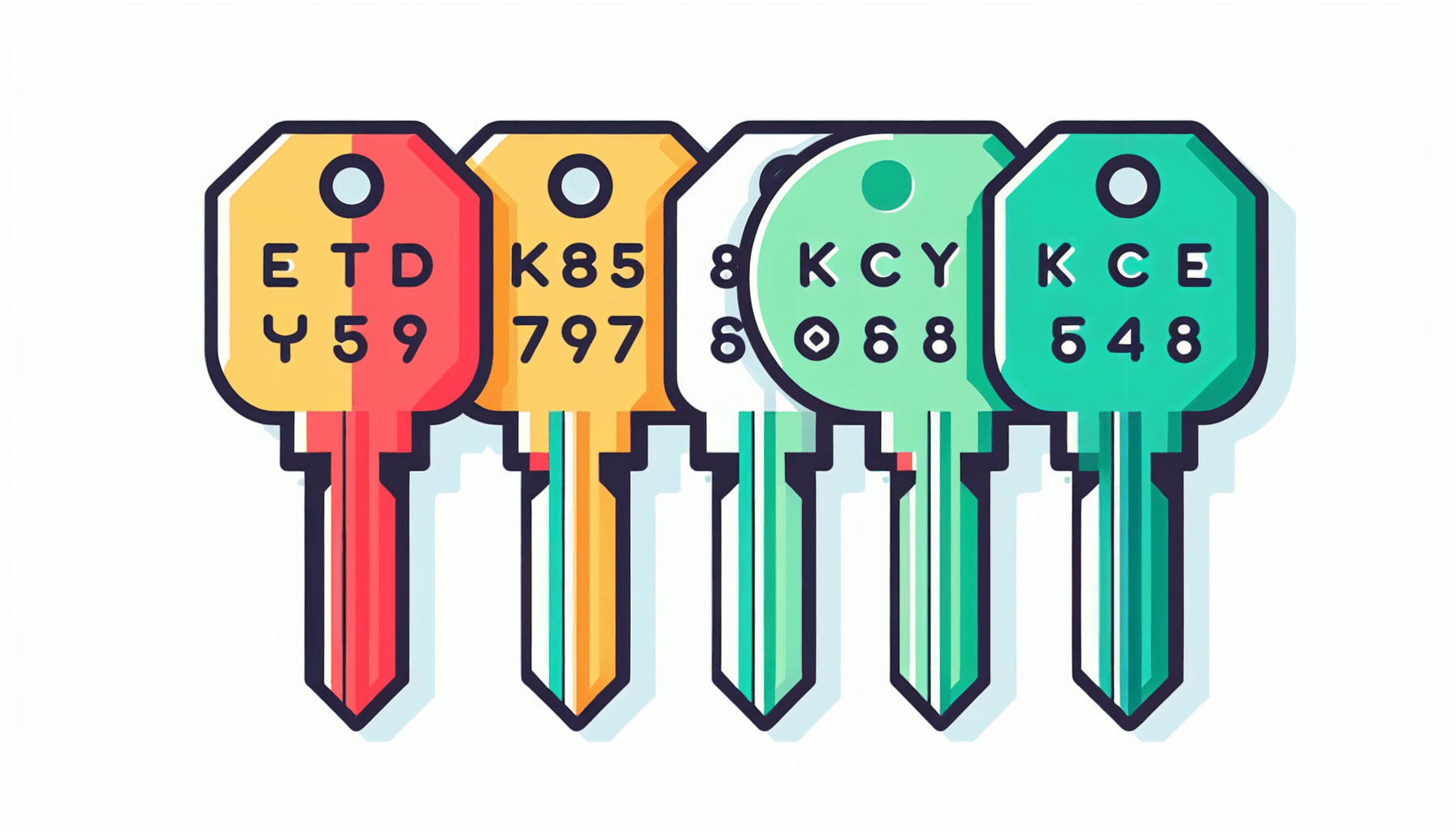 Keys in flat illustration style and white background, red #f47574, green #88c7a8, yellow #fcc44b, and blue #645bc8 colors.