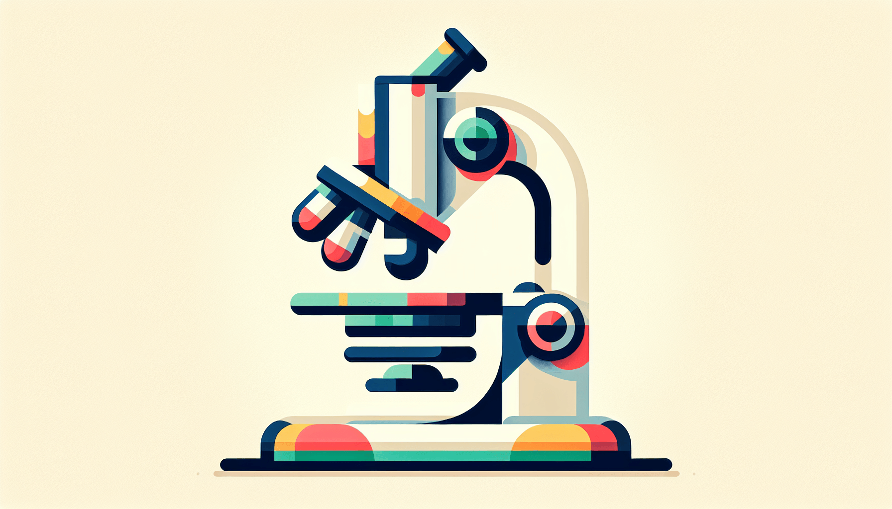 Microscope in flat illustration style and white background, red #f47574, green #88c7a8, yellow #fcc44b, and blue #645bc8 colors.