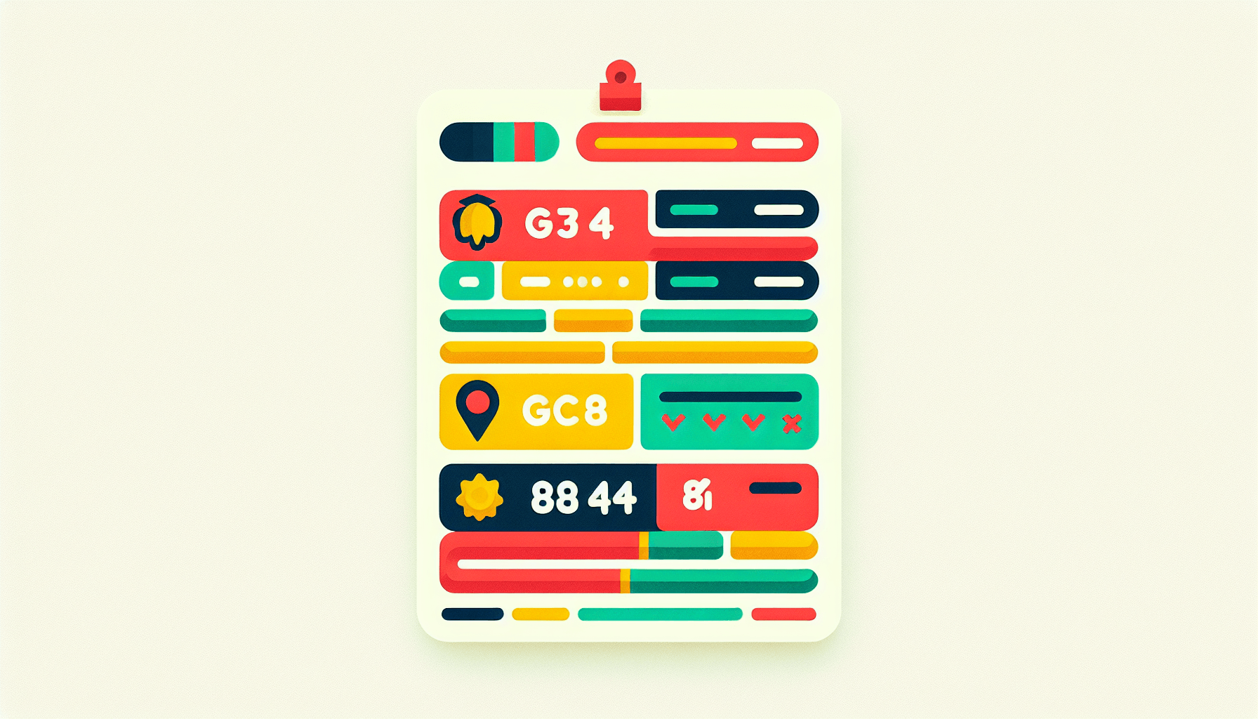 Report card in flat illustration style and white background, red #f47574, green #88c7a8, yellow #fcc44b, and blue #645bc8 colors.