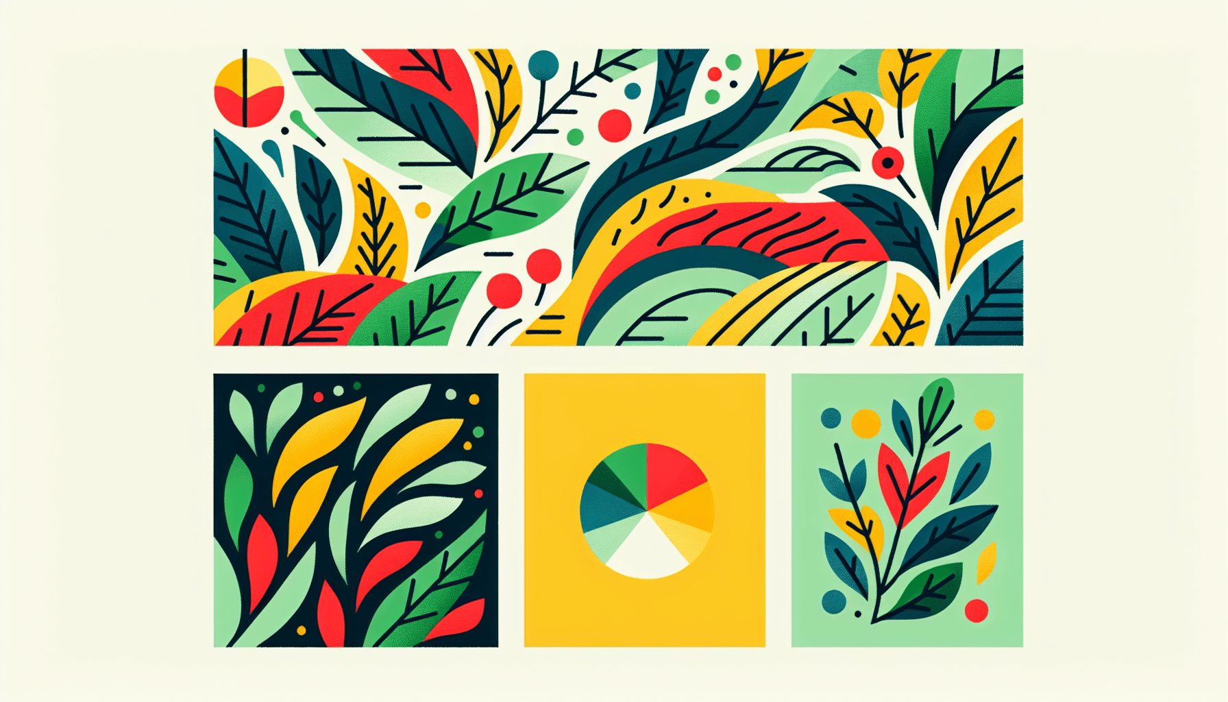 Wallpaper in flat illustration style and white background, red #f47574, green #88c7a8, yellow #fcc44b, and blue #645bc8 colors.
