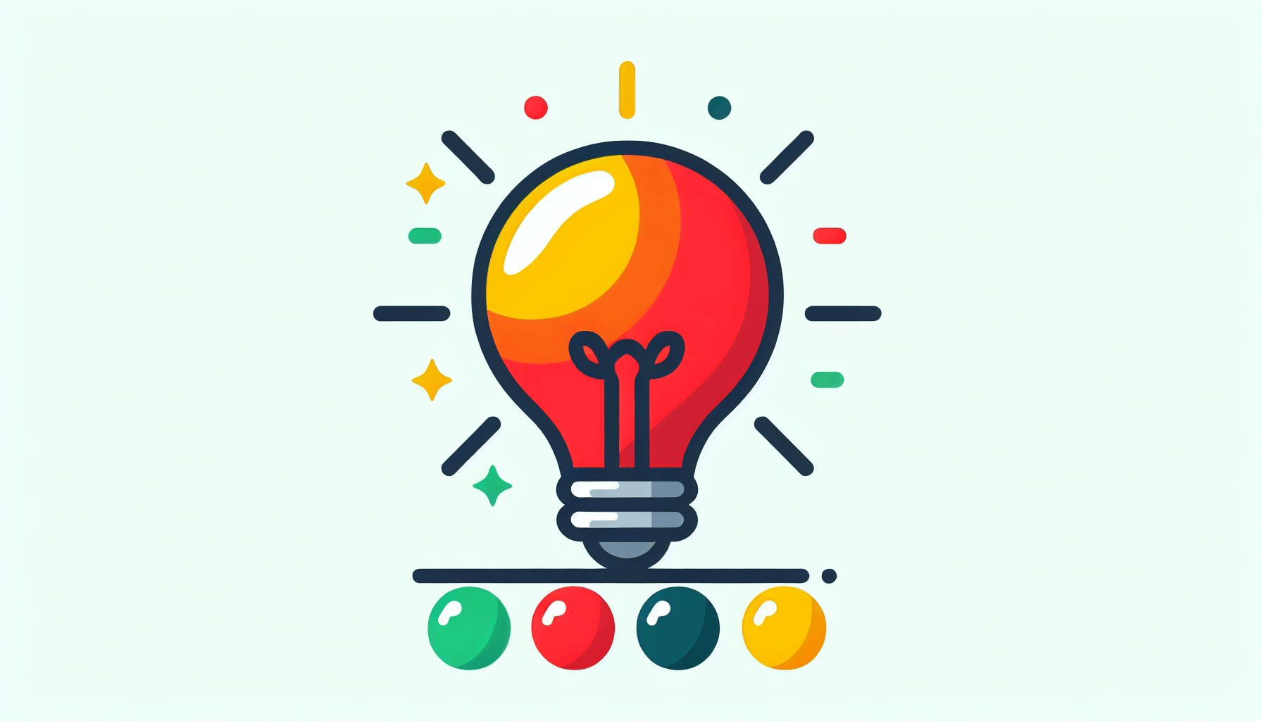 Lightbulb in flat illustration style and white background, red #f47574, green #88c7a8, yellow #fcc44b, and blue #645bc8 colors.