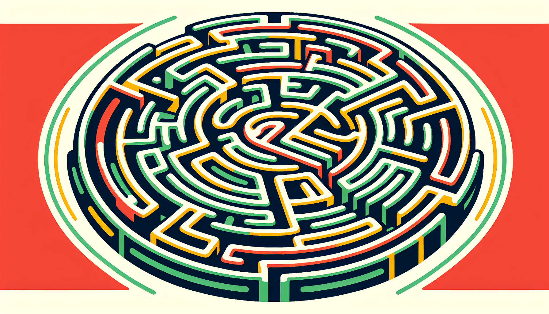 Labyrinth in flat illustration style and white background, red #f47574, green #88c7a8, yellow #fcc44b, and blue #645bc8 colors.