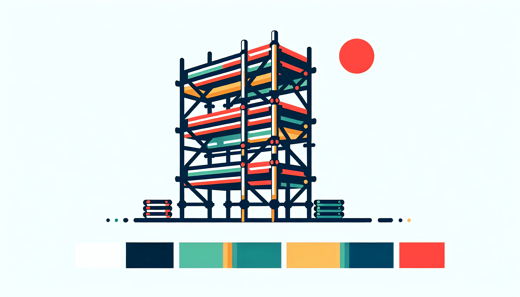 Scaffold in flat illustration style and white background, red #f47574, green #88c7a8, yellow #fcc44b, and blue #645bc8 colors.