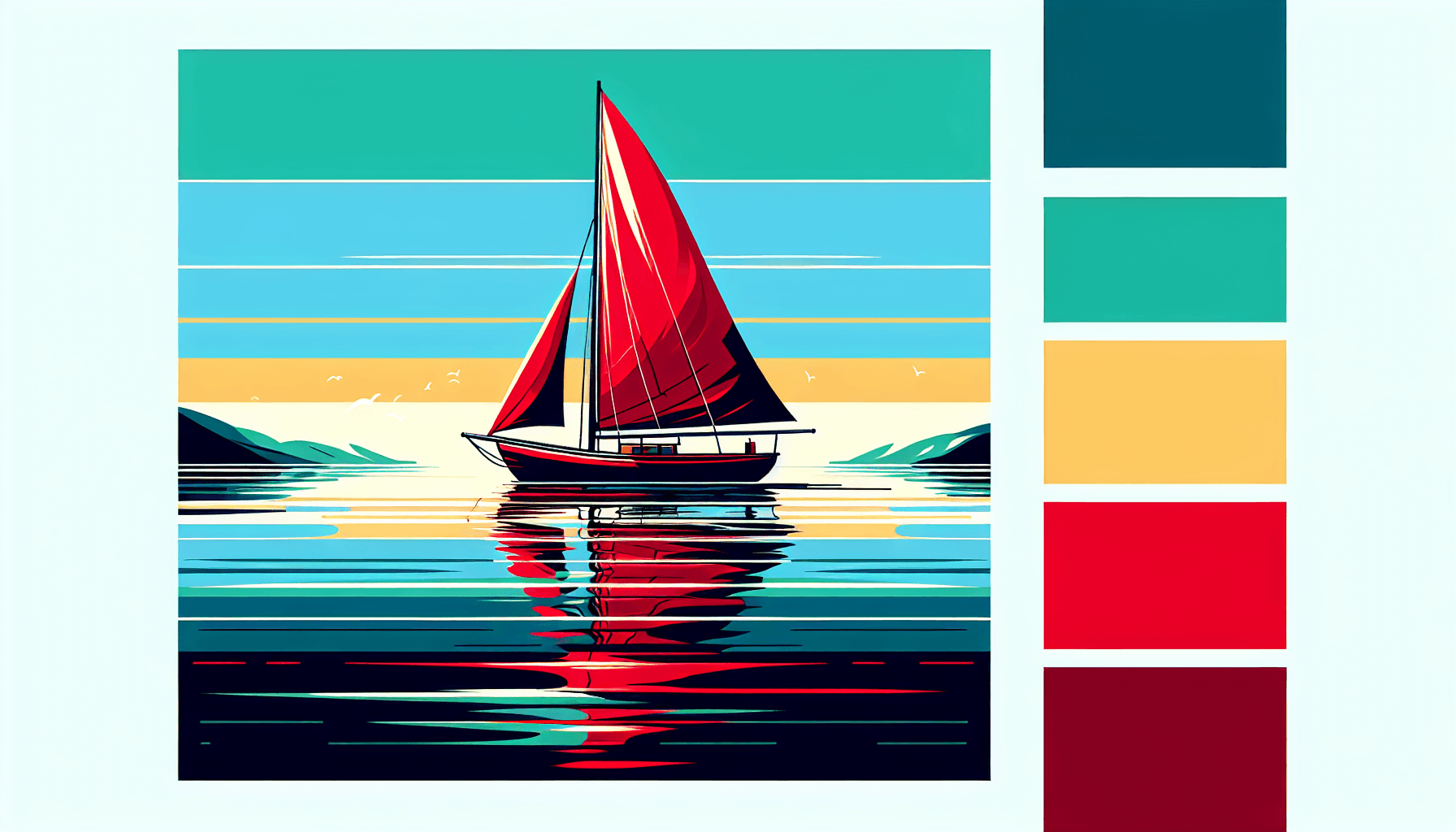 Sailboat in flat illustration style and white background, red #f47574, green #88c7a8, yellow #fcc44b, and blue #645bc8 colors.