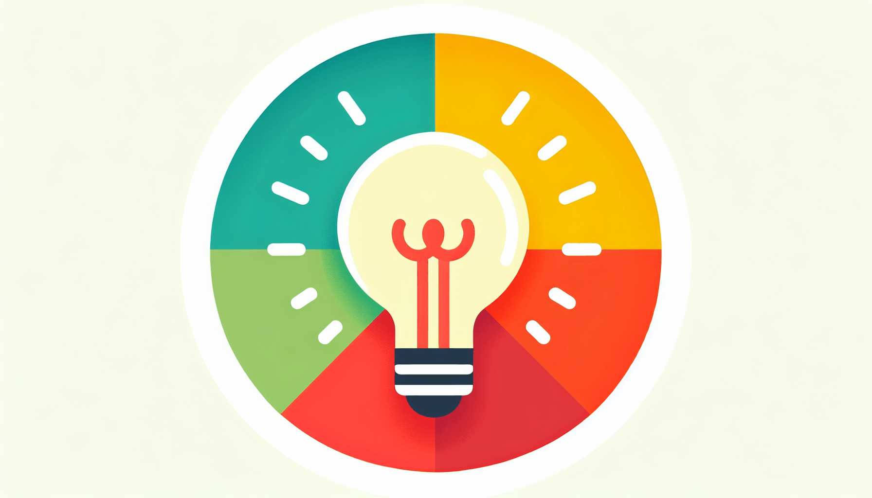 Lightbulb in flat illustration style and white background, red #f47574, green #88c7a8, yellow #fcc44b, and blue #645bc8 colors.