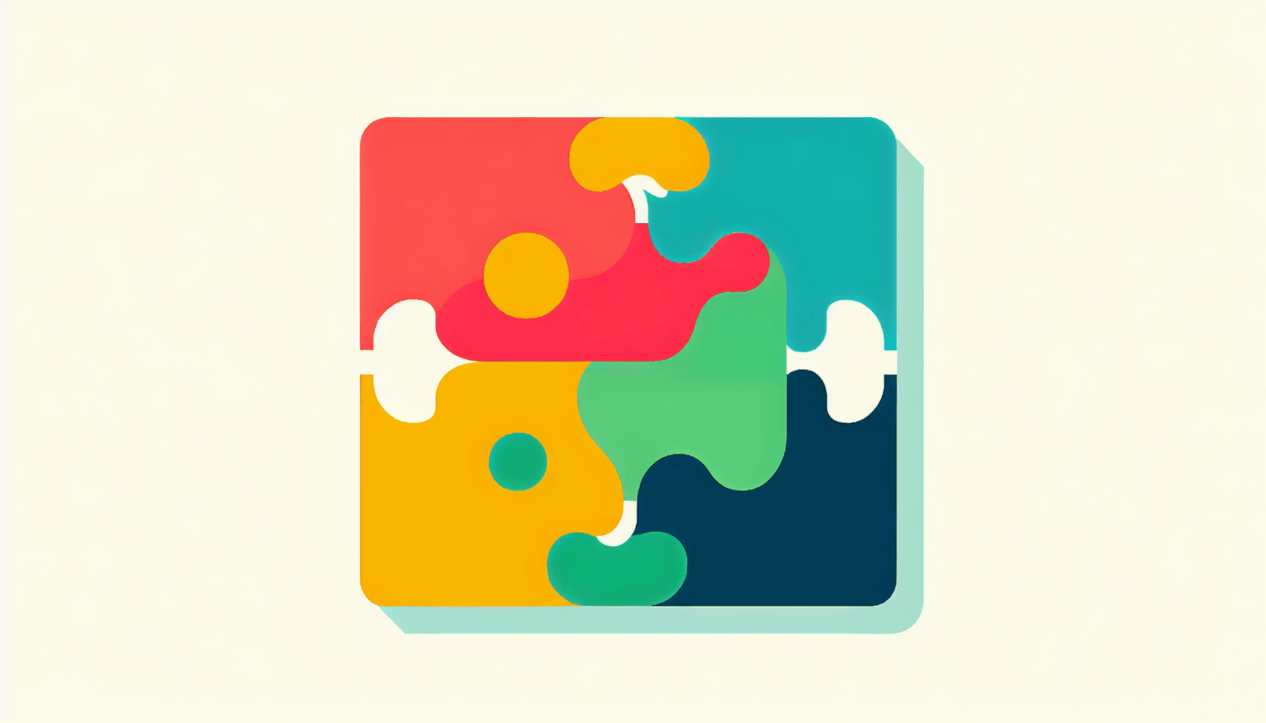Puzzle piece in flat illustration style and white background, red #f47574, green #88c7a8, yellow #fcc44b, and blue #645bc8 colors.