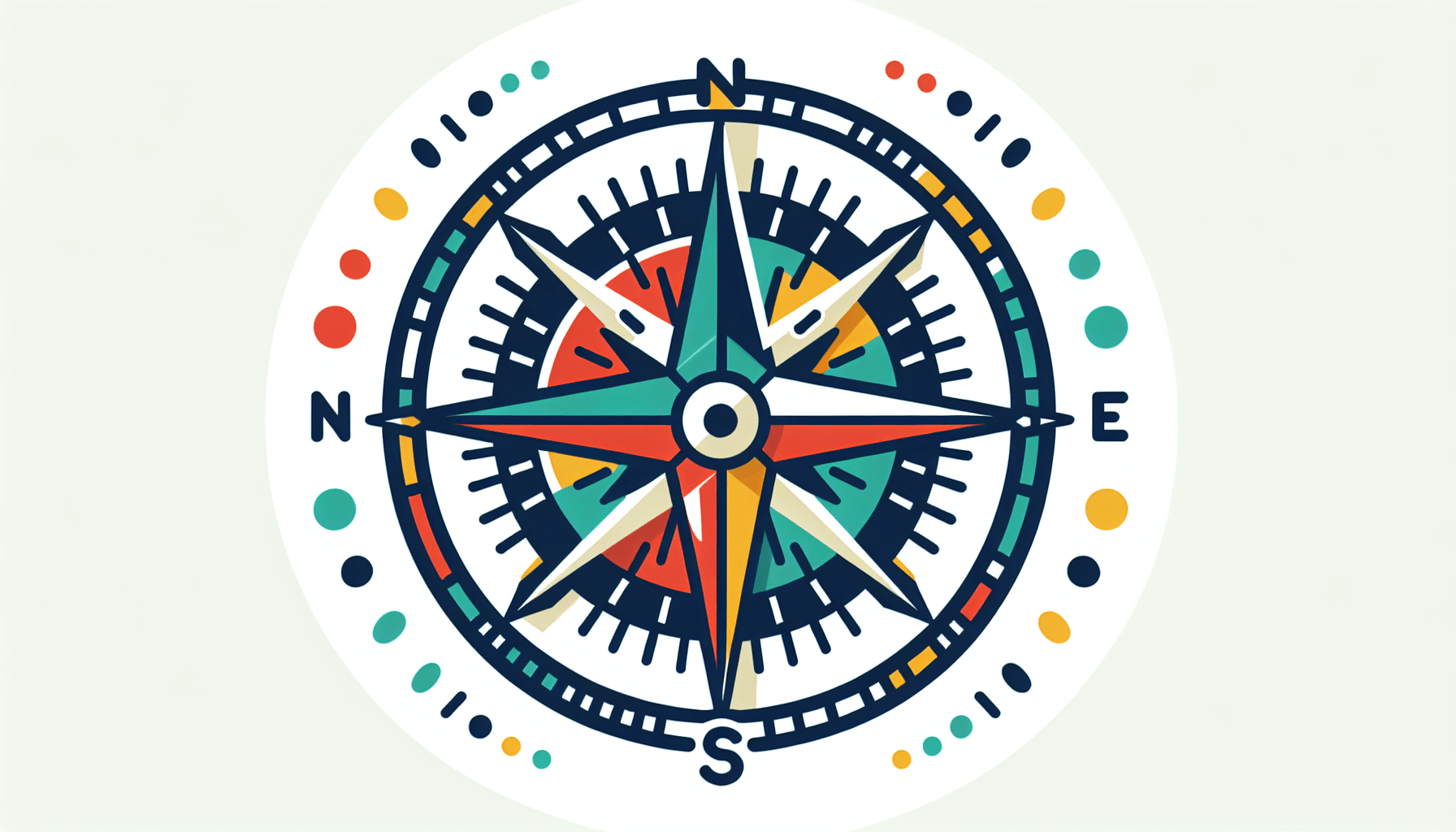 Compass in flat illustration style and white background, red #f47574, green #88c7a8, yellow #fcc44b, and blue #645bc8 colors.