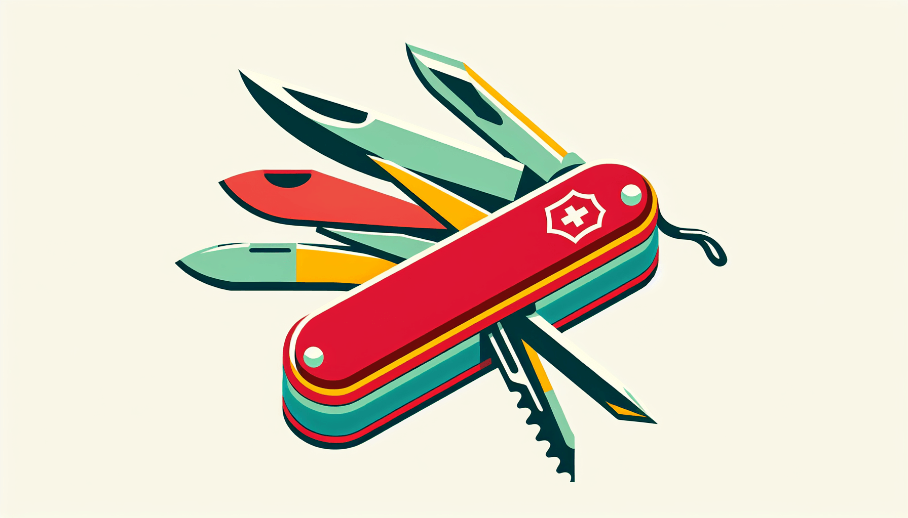 Swiss Army Knife in flat illustration style and white background, red #f47574, green #88c7a8, yellow #fcc44b, and blue #645bc8 colors.