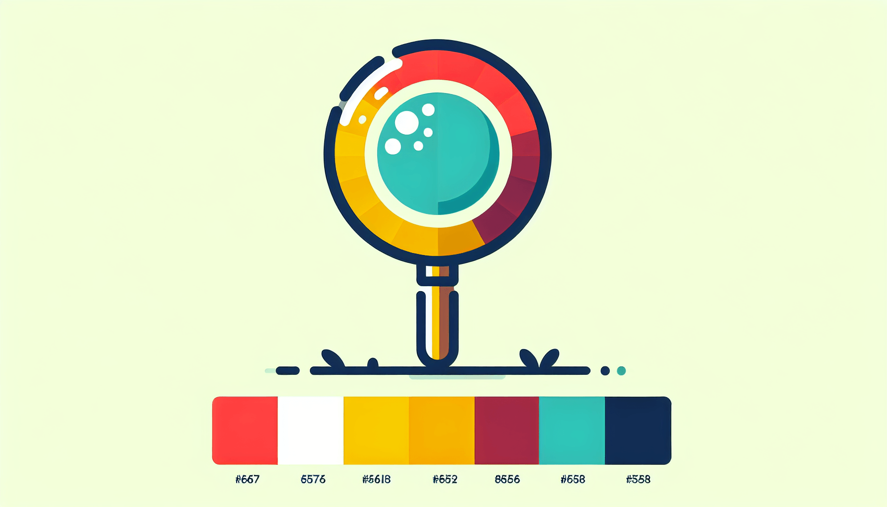 Magnifying glass in flat illustration style and white background, red #f47574, green #88c7a8, yellow #fcc44b, and blue #645bc8 colors.