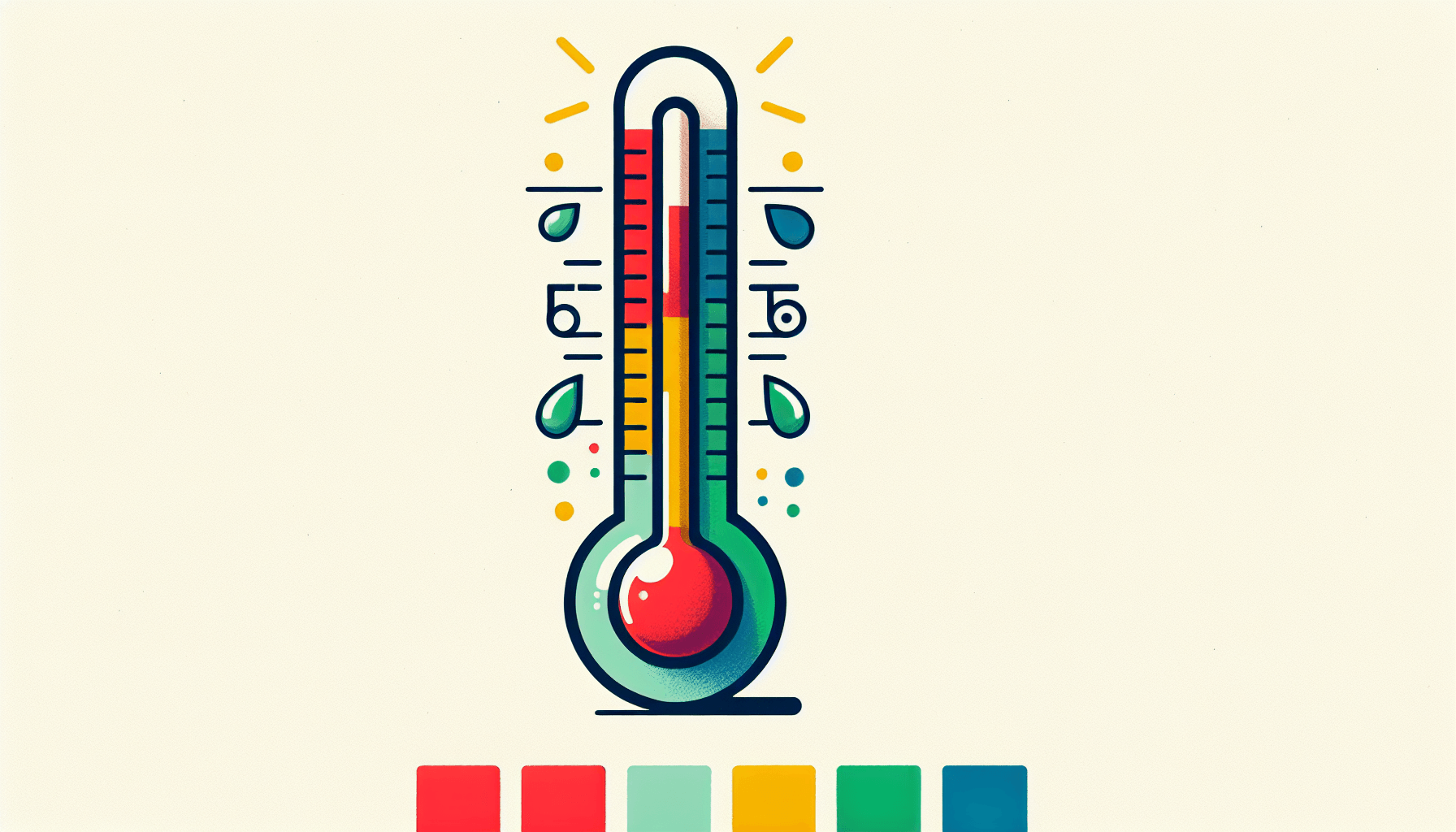 Thermometer in flat illustration style and white background, red #f47574, green #88c7a8, yellow #fcc44b, and blue #645bc8 colors.
