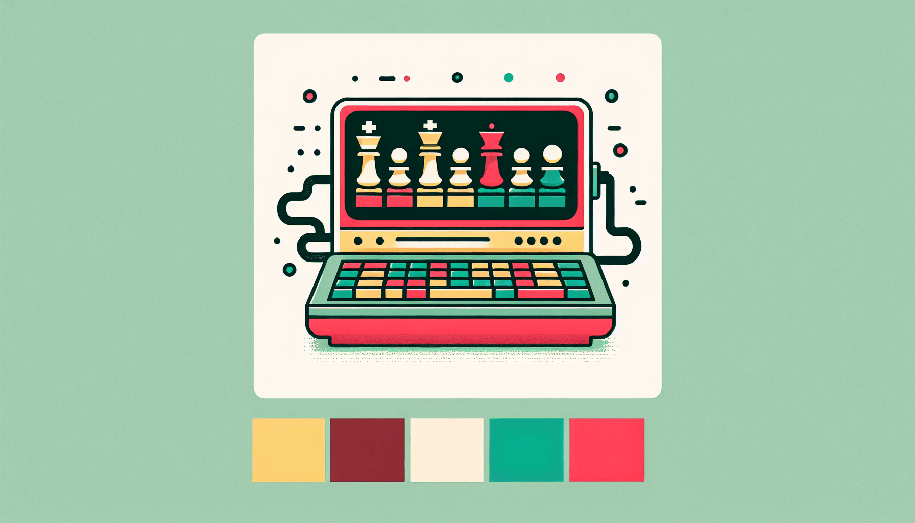 Chess computer in flat illustration style and white background, red #f47574, green #88c7a8, yellow #fcc44b, and blue #645bc8 colors.
