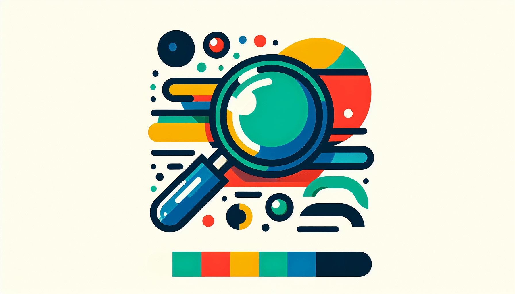Magnifying glass in flat illustration style and white background, red #f47574, green #88c7a8, yellow #fcc44b, and blue #645bc8 colors.