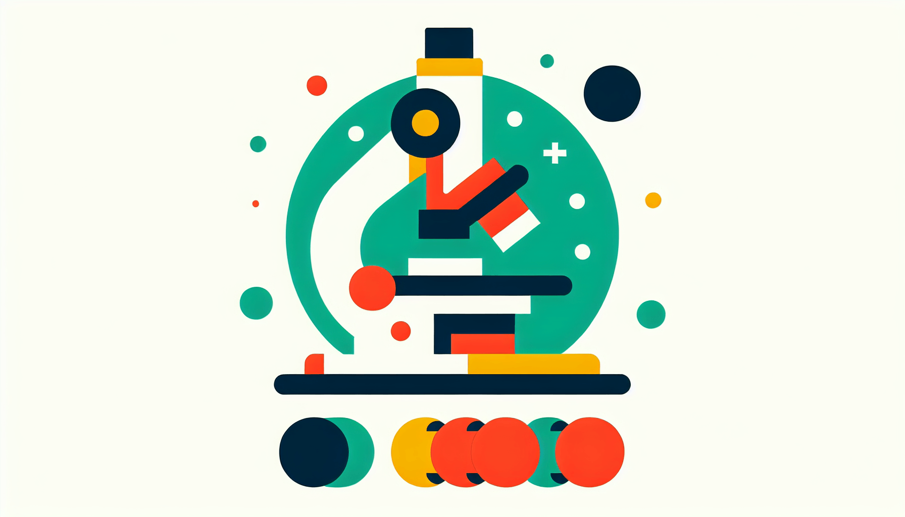 Microscope in flat illustration style and white background, red #f47574, green #88c7a8, yellow #fcc44b, and blue #645bc8 colors.