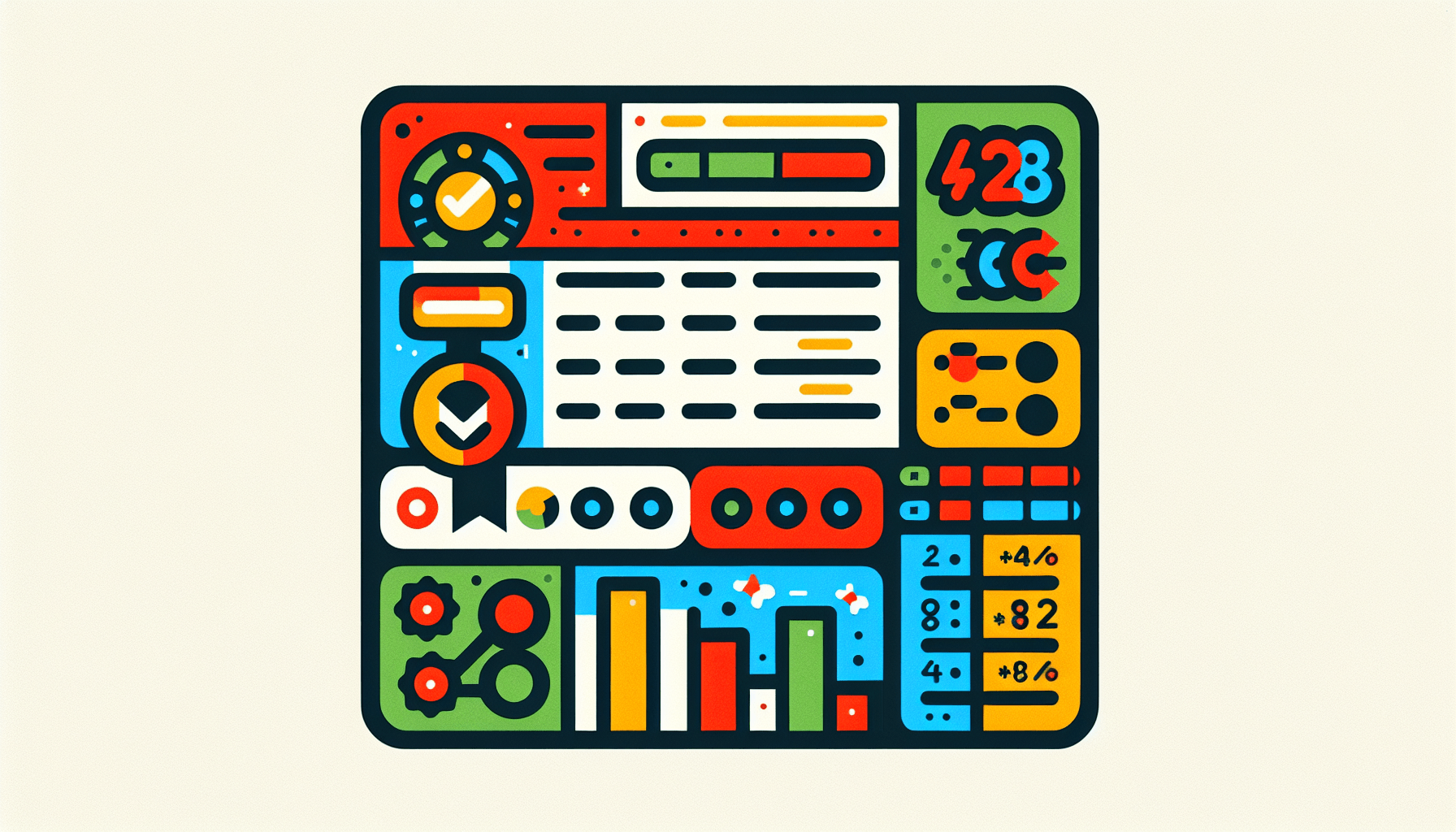 Report card in flat illustration style and white background, red #f47574, green #88c7a8, yellow #fcc44b, and blue #645bc8 colors.