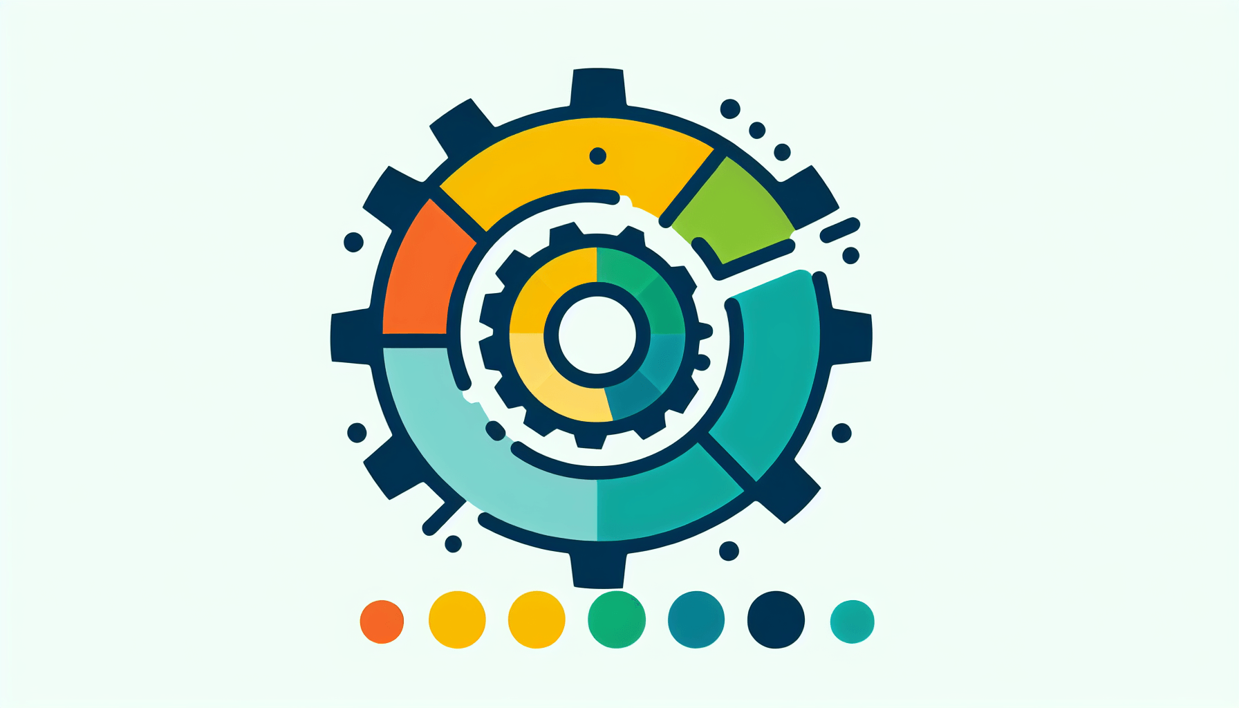 Cogwheel in flat illustration style and white background, red #f47574, green #88c7a8, yellow #fcc44b, and blue #645bc8 colors.