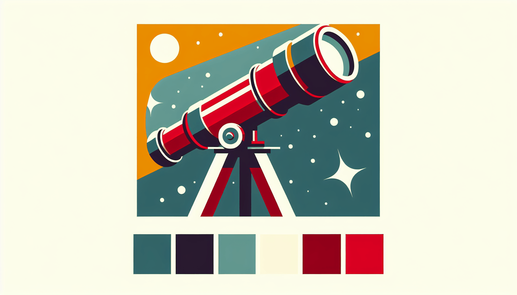 Telescope in flat illustration style and white background, red #f47574, green #88c7a8, yellow #fcc44b, and blue #645bc8 colors.