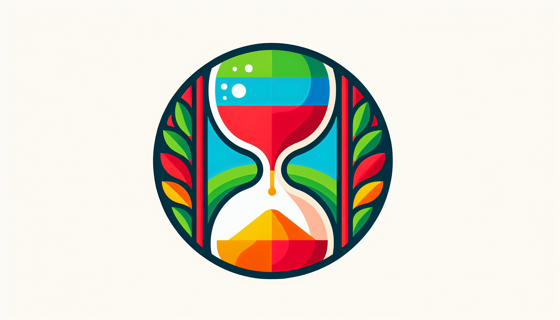 Hourglass in flat illustration style and white background, red #f47574, green #88c7a8, yellow #fcc44b, and blue #645bc8 colors.