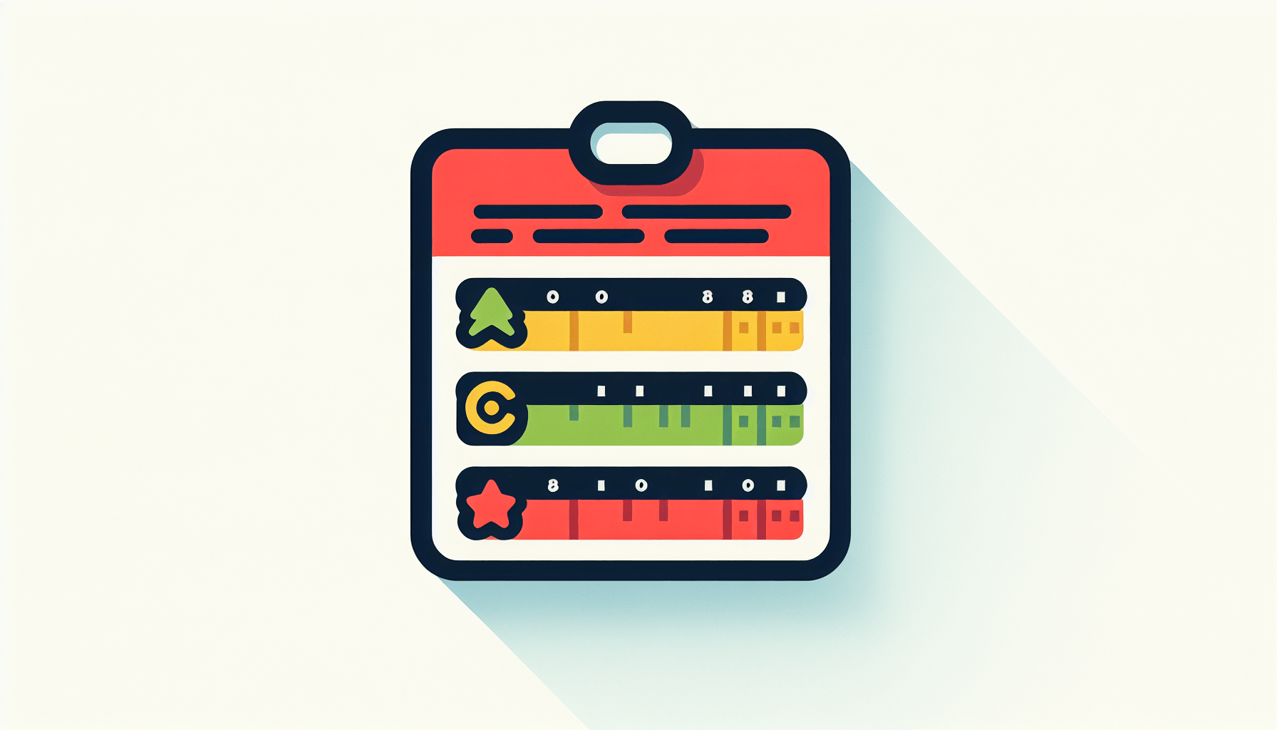 Report Card in flat illustration style and white background, red #f47574, green #88c7a8, yellow #fcc44b, and blue #645bc8 colors.