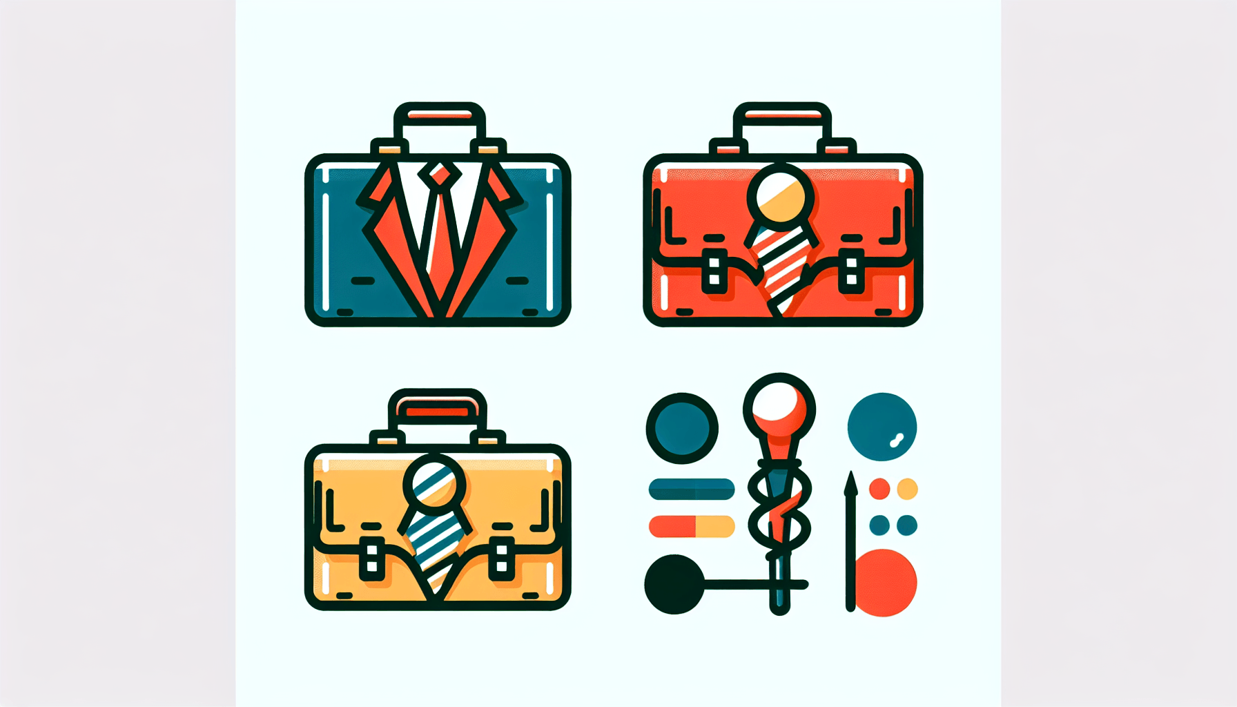 Briefcase in flat illustration style and white background, red #f47574, green #88c7a8, yellow #fcc44b, and blue #645bc8 colors.