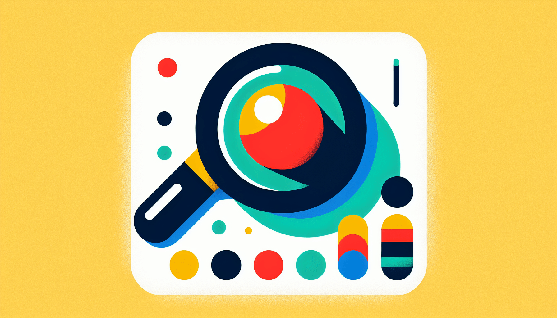 Magnifying glass in flat illustration style and white background, red #f47574, green #88c7a8, yellow #fcc44b, and blue #645bc8 colors.