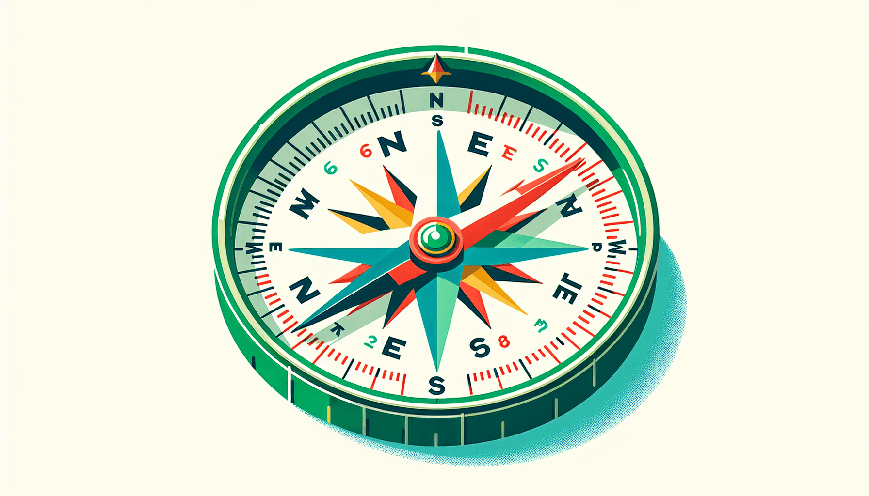 Compass in flat illustration style and white background, red #f47574, green #88c7a8, yellow #fcc44b, and blue #645bc8 colors.