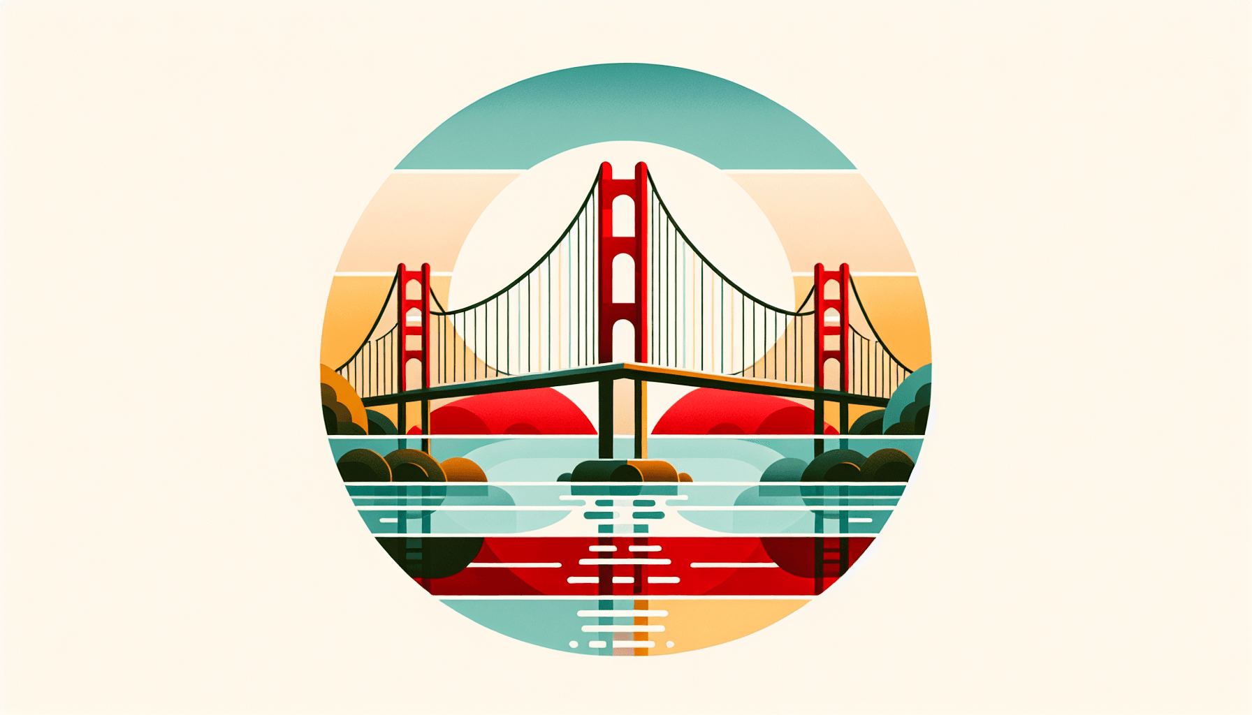 Bridge in flat illustration style and white background, red #f47574, green #88c7a8, yellow #fcc44b, and blue #645bc8 colors.