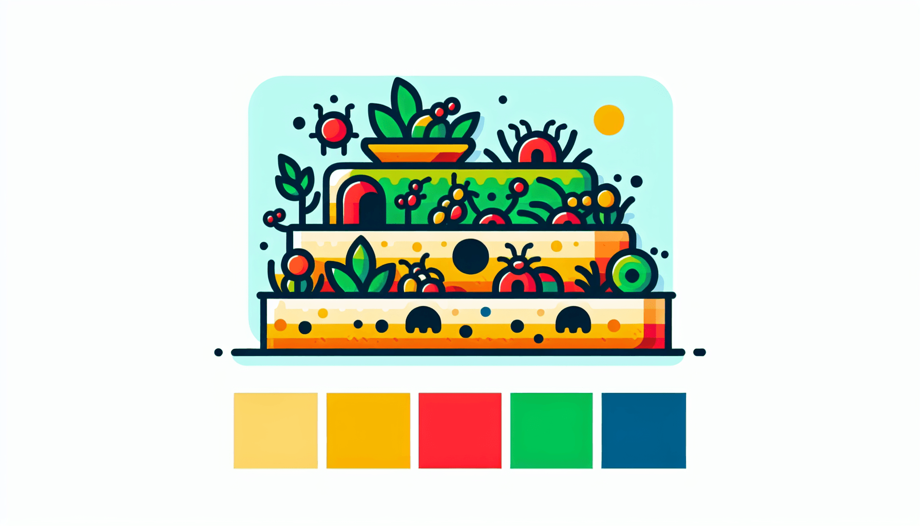 Ant farm in flat illustration style and white background, red #f47574, green #88c7a8, yellow #fcc44b, and blue #645bc8 colors.