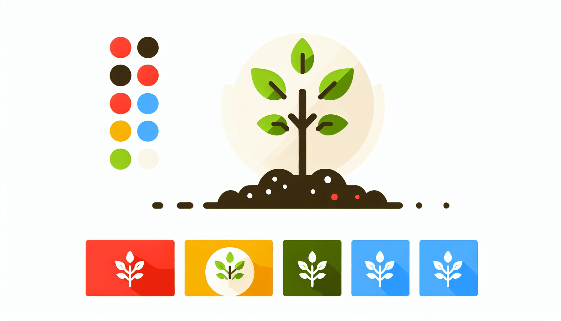 Sapling in flat illustration style and white background, red #f47574, green #88c7a8, yellow #fcc44b, and blue #645bc8 colors.