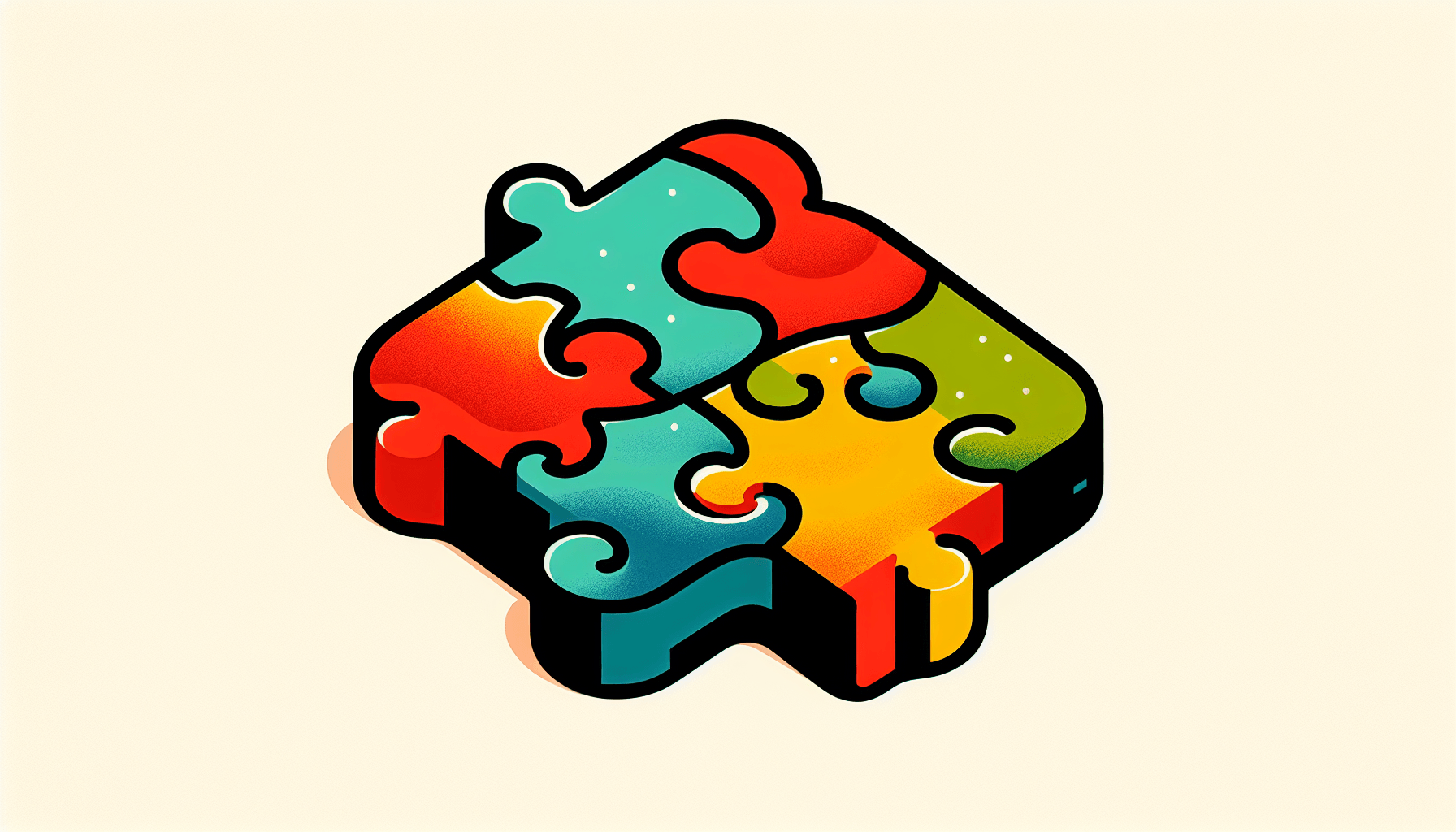 Puzzle in flat illustration style and white background, red #f47574, green #88c7a8, yellow #fcc44b, and blue #645bc8 colors.