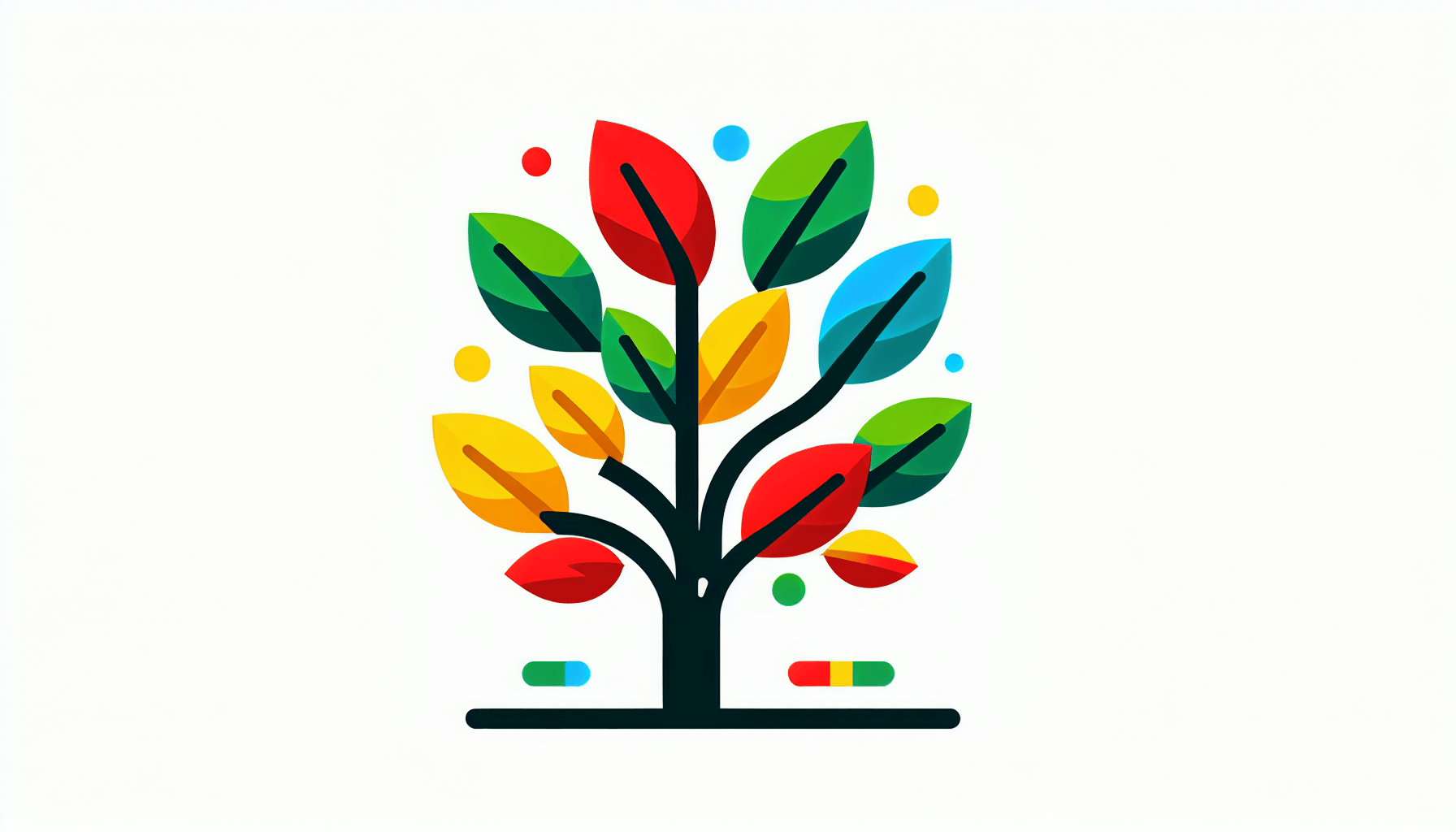 Tree sapling in flat illustration style and white background, red #f47574, green #88c7a8, yellow #fcc44b, and blue #645bc8 colors.