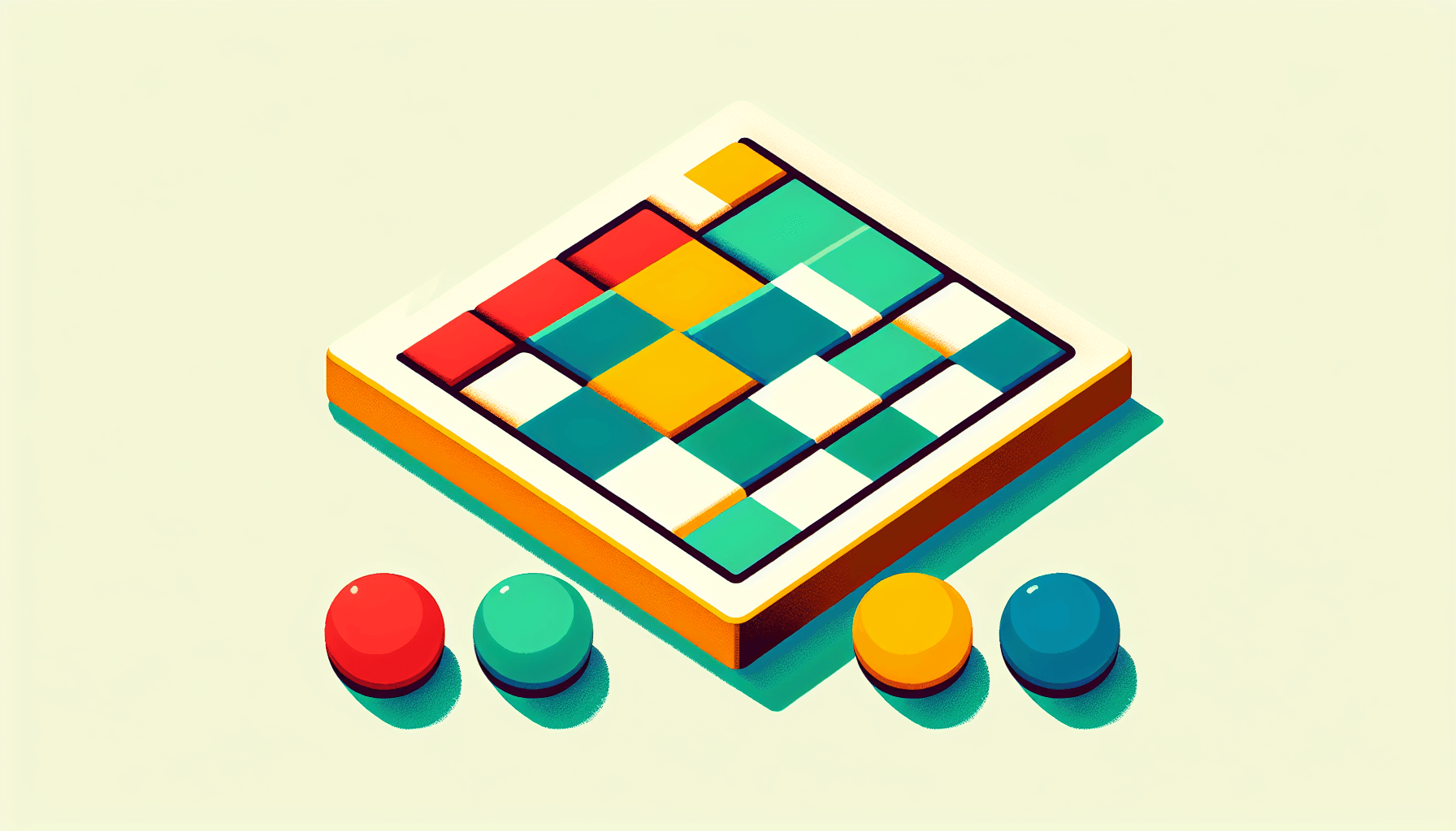 Chessboard in flat illustration style and white background, red #f47574, green #88c7a8, yellow #fcc44b, and blue #645bc8 colors.