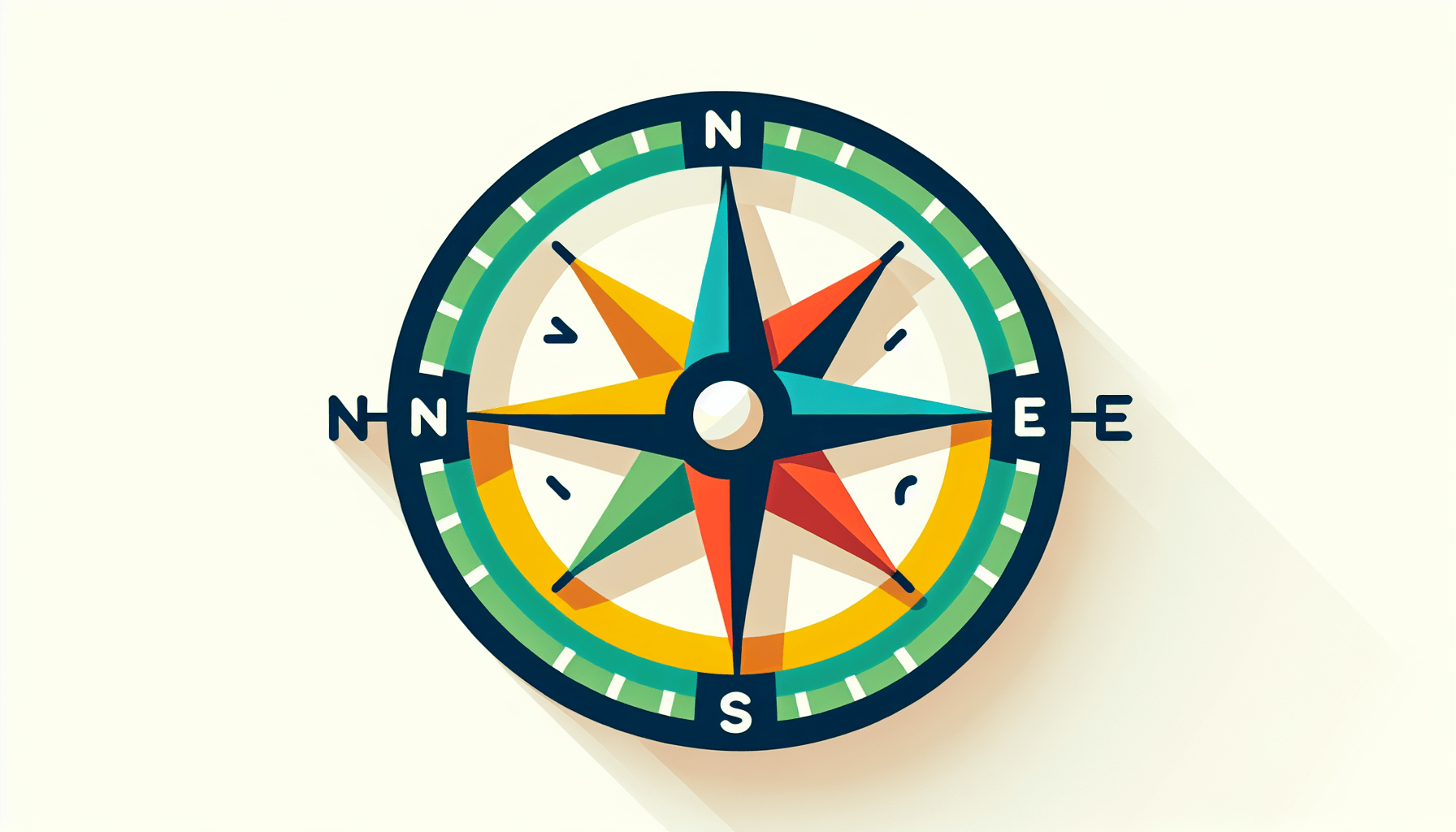 Compass in flat illustration style and white background, red #f47574, green #88c7a8, yellow #fcc44b, and blue #645bc8 colors.