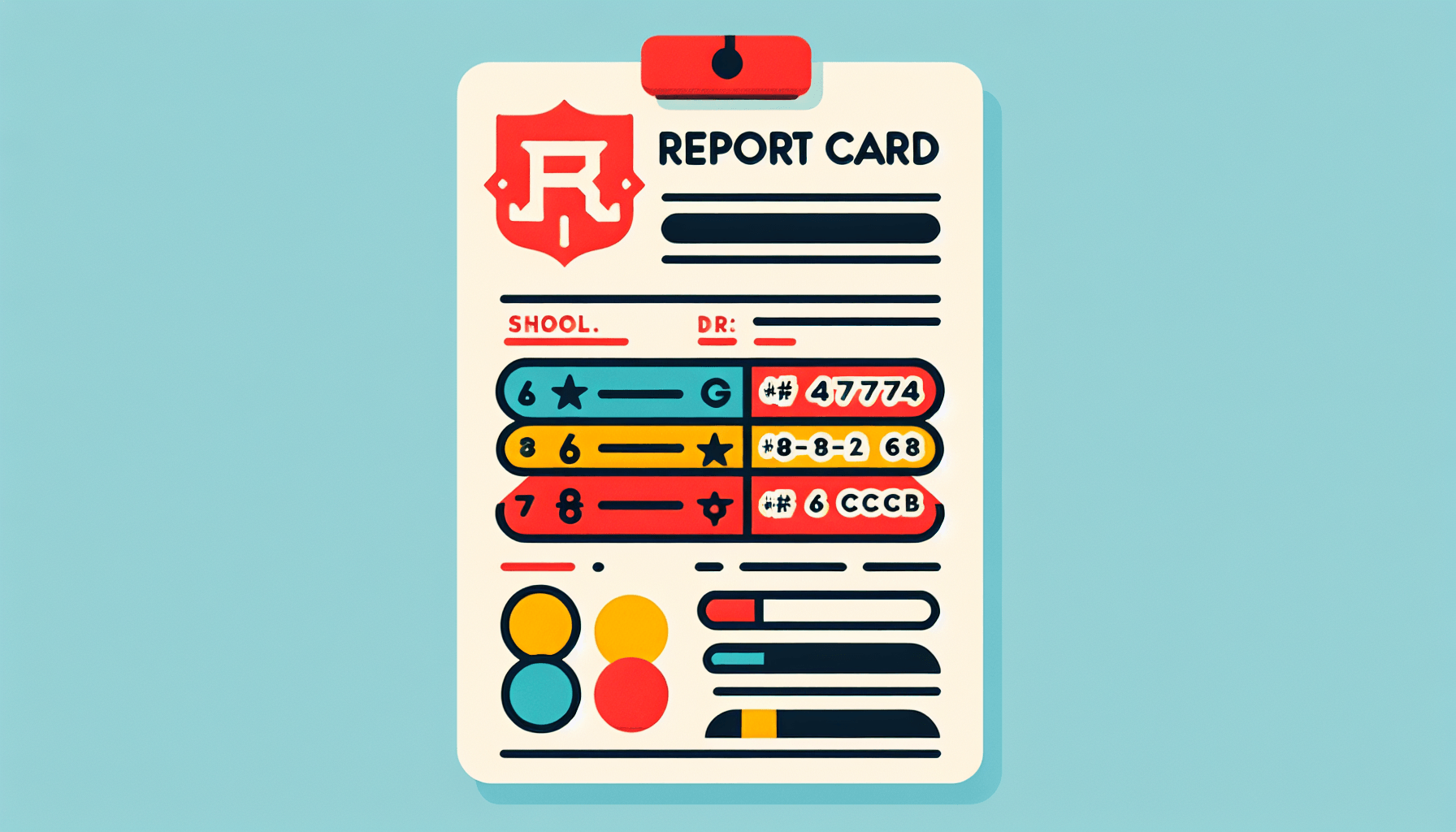 Report card in flat illustration style and white background, red #f47574, green #88c7a8, yellow #fcc44b, and blue #645bc8 colors.