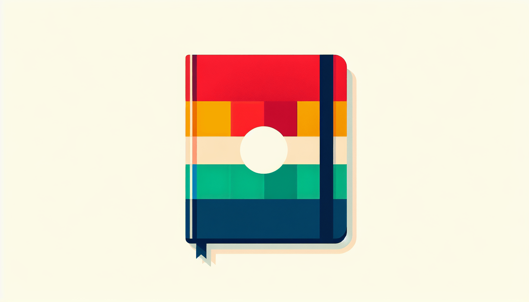 Notebook in flat illustration style and white background, red #f47574, green #88c7a8, yellow #fcc44b, and blue #645bc8 colors.