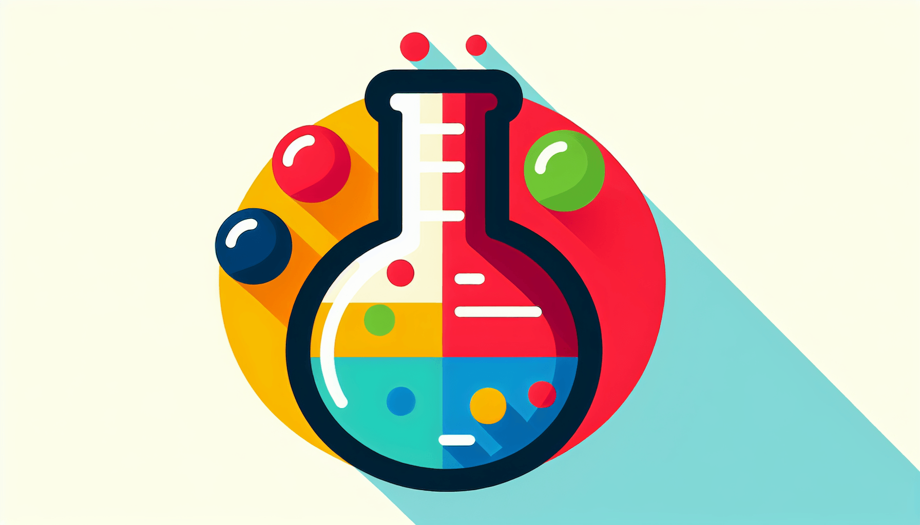 Lab flask in flat illustration style and white background, red #f47574, green #88c7a8, yellow #fcc44b, and blue #645bc8 colors.