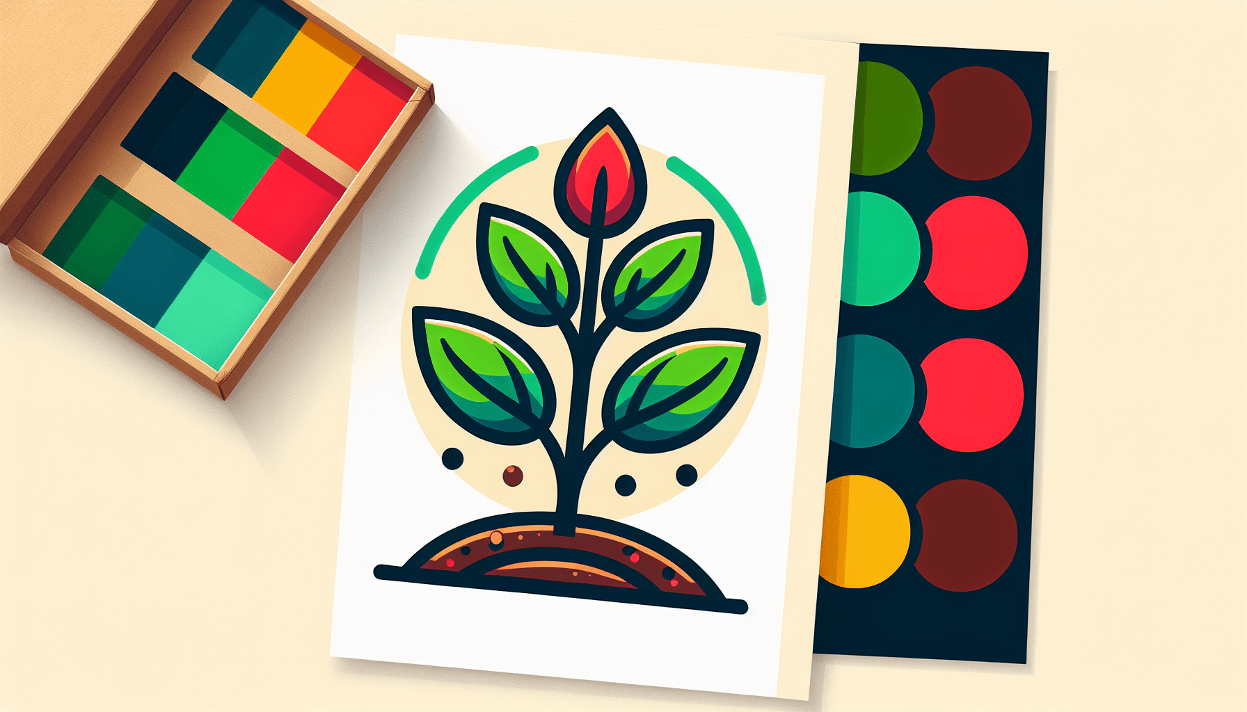 Seedling in flat illustration style and white background, red #f47574, green #88c7a8, yellow #fcc44b, and blue #645bc8 colors.