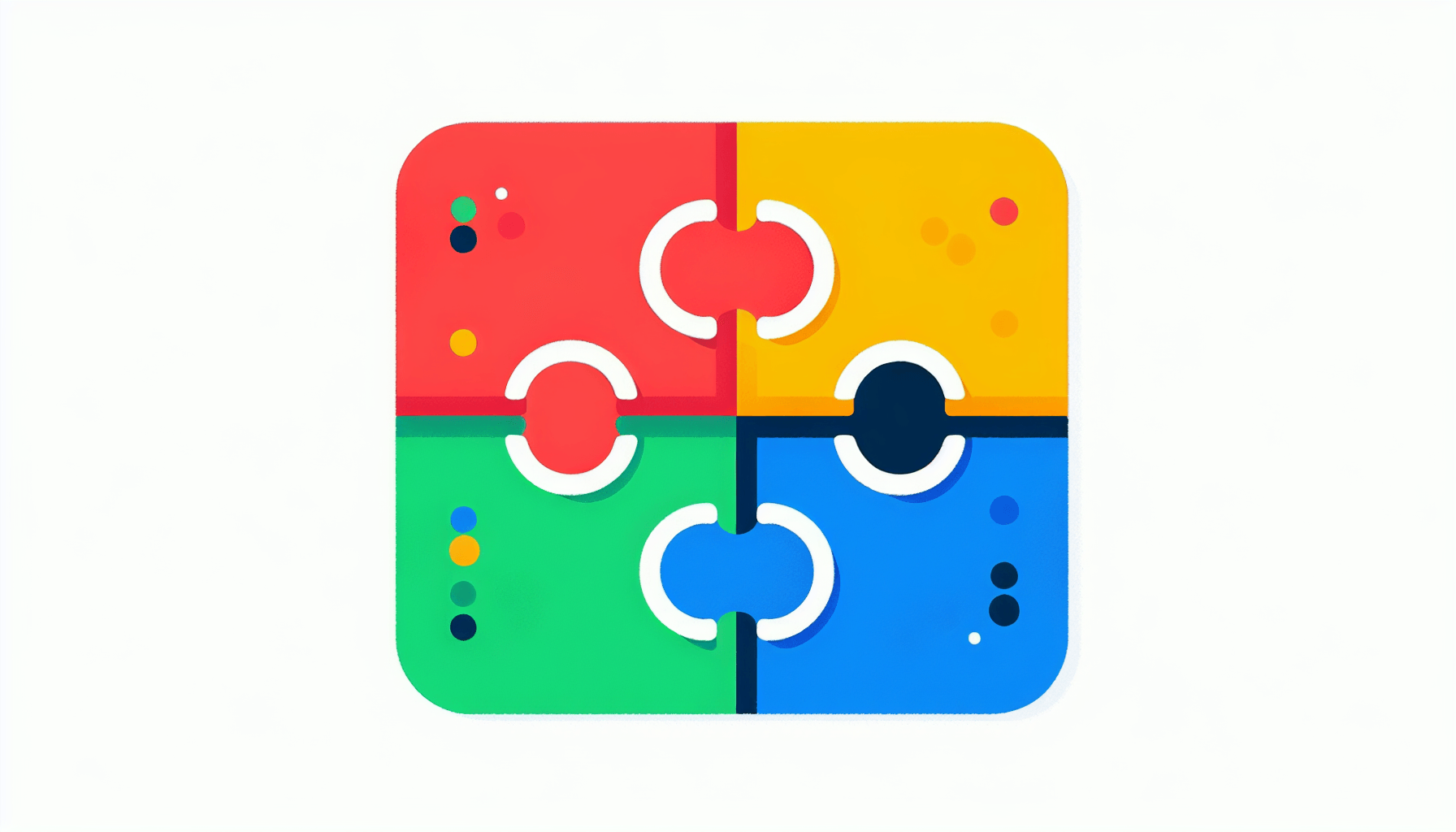 Puzzle in flat illustration style and white background, red #f47574, green #88c7a8, yellow #fcc44b, and blue #645bc8 colors.